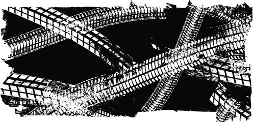 Vector Print Textured Tire Track . Drift design element . Car tread silhouette . Mud splash grunge tire texture. Tyre tread banner . Surface textured with many  tire track traces © miloje