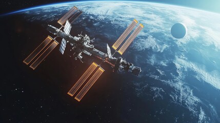 Obraz premium A breathtaking view of the International Space Station orbiting Earth, illuminated by sunlight with a distant planet in the background.