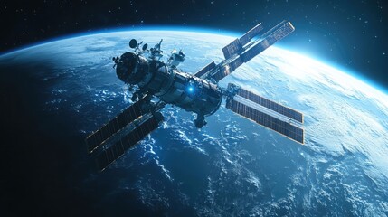 Obraz premium A stunning view of a futuristic space station orbiting Earth, illuminated against a deep cosmos backdrop.