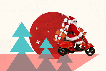 Sketch template design 3D photo collage composite of winter season outdoors new year aged man santa...