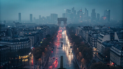 The city with skyscrapers emerging from clouds high-rise architecture foggy cityscape