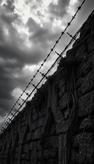 Obraz premium Rusty steel wire crisscrosses an aged brick wall against a vast urban sky