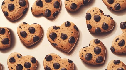 Delicious heart-shaped chocolate chip cookies arranged beautifully.