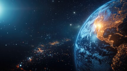 Obraz premium A breathtaking view of Earth from space, showcasing twinkling city lights against a starry backdrop.
