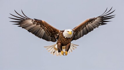 Obraz premium Bald eagle in flight with expansive blue sky backdrop