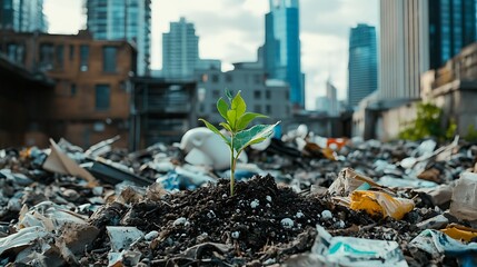 Obraz premium A small green plant sprouting from a pile of assorted trash, with blurred city buildings in the background. 