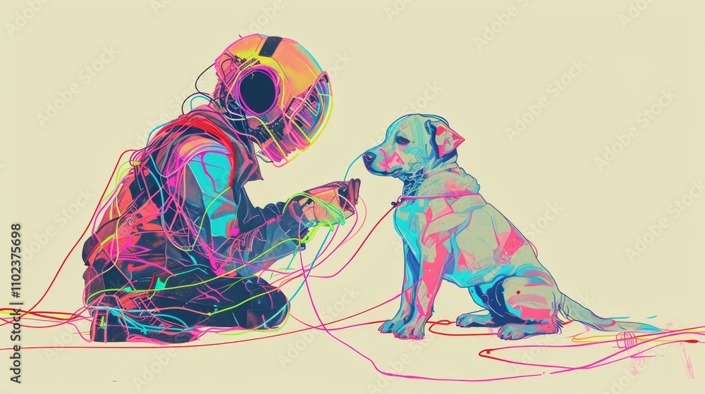 Poster an astronaut kneels to connect with a puppy using vibrant wires, blending themes of technology, anim
