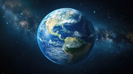 Fototapeta premium A vibrant view of Earth from space, showcasing the Americas, clouds, and the cosmic background of stars.