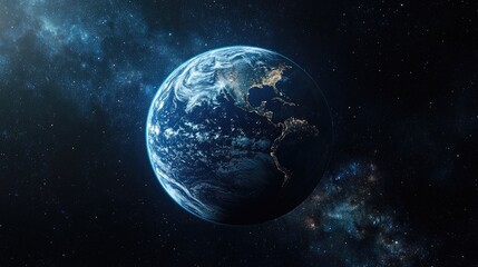 Obraz premium A stunning view of Earth from space, showcasing vibrant colors and city lights against a cosmic backdrop.