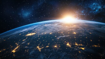 Obraz premium A breathtaking view of Earth from space at sunrise, highlighting city lights and the curvature of the planet.