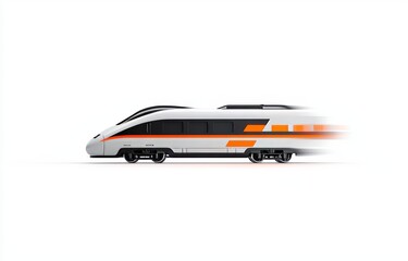 A silver and black high-speed train with orange lights on its side is speeding along the tracks against a white background.