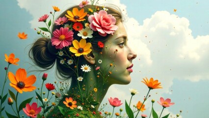 Abstract portrait of a young woman with flowers in her hair, on her face