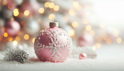 Pink Christmas Ornament - Decorated Christmas Bauble Background with Space for Copy - Christmas Ornament with Christmas Tree - Holiday Diffused Bokeh Wallpaper - Snow, Mistletoe and Presents
