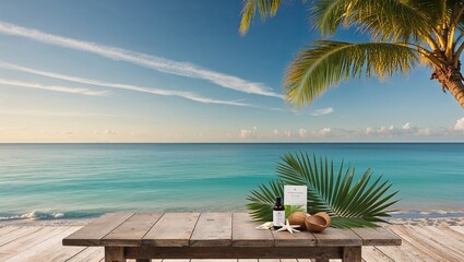 Beachside table with palm and skincare products setup