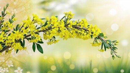 Yellow flowers blooming on a branch in bright light.