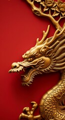Fototapeta premium Golden dragon on red background symbolizing power and prosperity