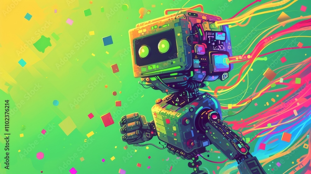 Poster a playful robot with a boxy design and neon wires appears to be in motion, set against a dynamic and