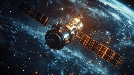 A detailed view of a satellite orbiting Earth in a stunning cosmic landscape.