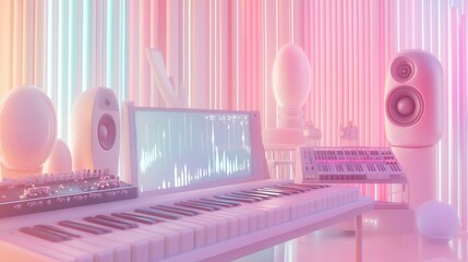 Pastel pink and teal neon lit music production studio with keyboard, speakers, and monitors.