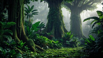 Lush jungle scene with towering trees and sunlight rays