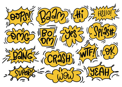 Vector set of speech bubbles in comic style with simple lettering. Dialog phrases: baam, yes, boom, crash,oops, ok, wtf, hello