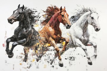 Three Horses: Dynamic Collage of Three Bay Horses Running with Speed and Power