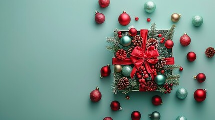 Christmas gift box with red ribbon, surrounded by red and green ornaments, pinecones and berries, festive decorations on turquoise background, cozy winter theme, elegant holiday decor

