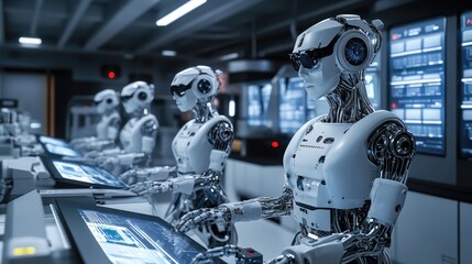 Fototapeta premium A group of advanced humanoid robots in a high-tech laboratory, focused on their tasks with intricate designs and glowing interfaces.