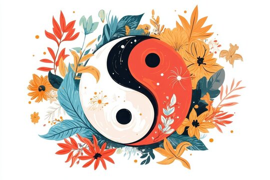 recommend clip art: Yin yang symbol surrounded by vibrant flowers and leaves depicting harmony and balance