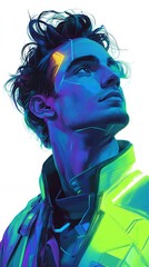 Fototapeta premium Portrait of a Futuristic Young Man in Vibrant Colors With Abstract Geometric Designs Set Against a Minimal Background