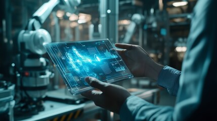 A man holds a tablet with Augmented Reality showing a smart factory, highlighted by blue lighting.