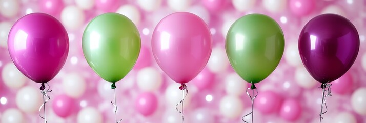Obraz premium Four Colorful Balloons, Purple, Green, And Pink, Against A Pink Background With Bokeh, Decoration