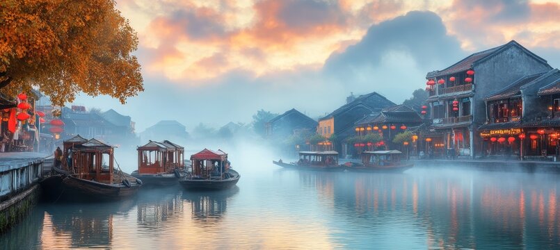 Tranquil Sunrise Over Ancient Water Town With Traditional Houses And Boats, Hoi An, Vietnam