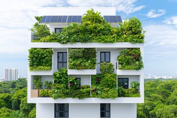 Fototapeta premium A towering structure adorned with abundant foliage and plants, ideal for urban landscaping or promoting environmental sustainability.
