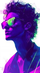 Young Man Wears Colorful Sunglasses in Vibrant Neon Lighting, Highlighting Urban Style and Youthful Energy