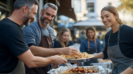 Happy volunteers serving food to people in need outdoors.