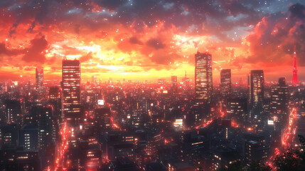 Fototapeta premium Stunning sunset over a sprawling city skyline with vibrant colors and urban lights illuminating the evening sky. Generative AI