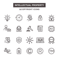 Fototapeta premium Intellectual property and copyright law icons, modern line art icon set with editable stroke.