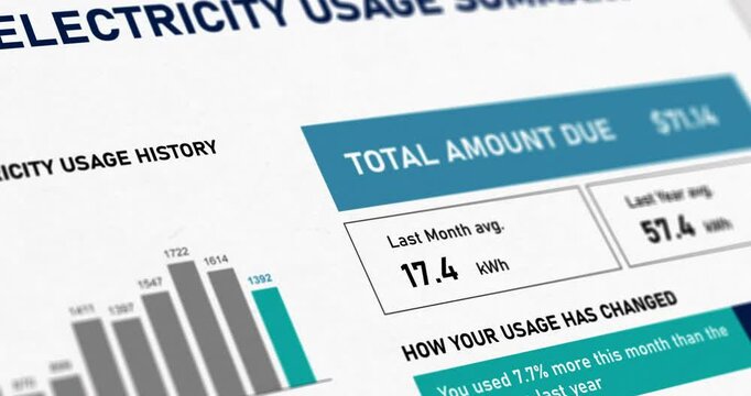 Electric bill statement, energy expenses power supply invoice, close-up camera movement over paper document, footage