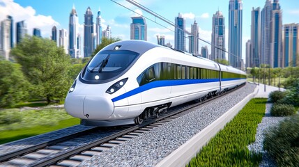 Naklejka premium A conceptual illustration of a hyperloop transport system within a vast urban landscape.