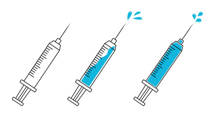 A disposable syringe illustration. A syringe with medicine and drops. An outline syringe drawing. Injections and vaccination.