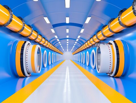 A conceptual depiction of a high-speed hyperloop cargo transport system with sleek capsules racing through transparent vacuum tubes.