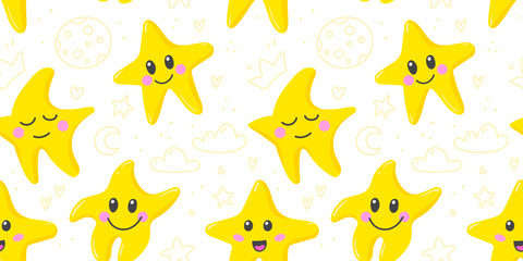 Seamless childish pattern on white background with little yellows star with emotions love happiness dream. Cute vector texture for  fabric, wallpaper, wrapping paper, textile, t-shirt print