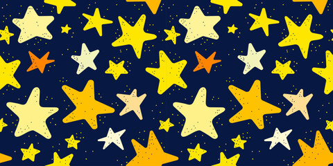 Seamless pattern cute baby pattern with yellow stars on blue background doodle style hand drawn pattern. Pattern for wrapping paper, textile, for kids clothes and notebook cover