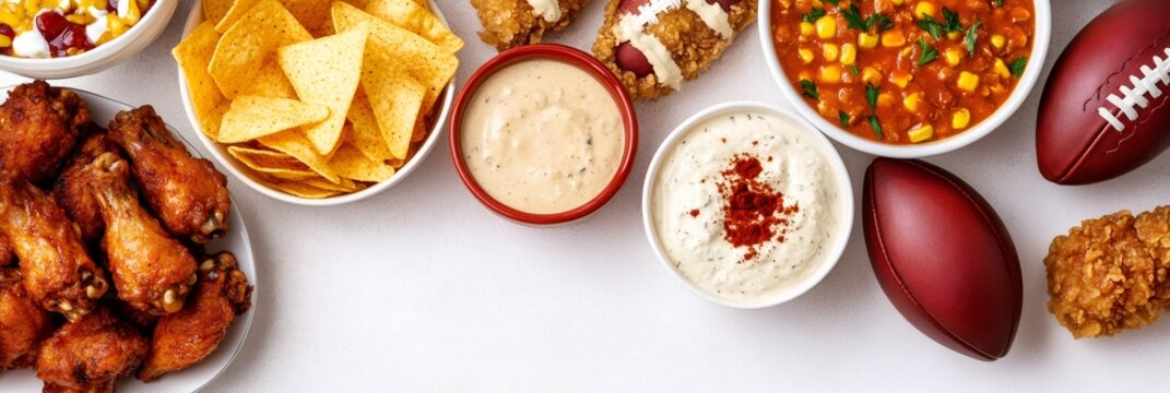 game day snacks, football-themed food spread on the left with snacks wings, nachos, dips on a table, leaving copy space on the right