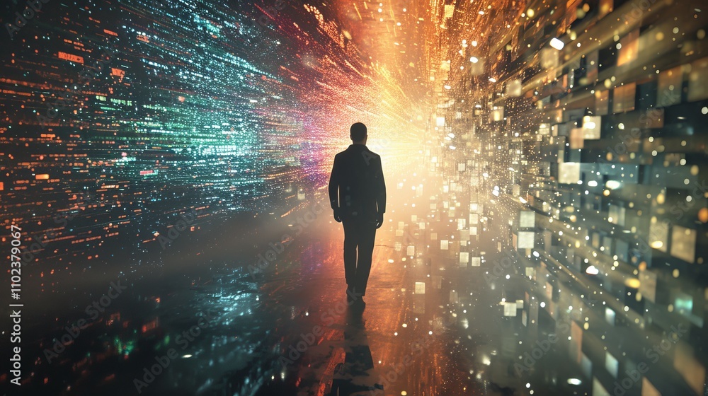 Aufkleber a man walks into a vibrant, glowing tunnel made of colorful digital lights, symbolizing a journey in