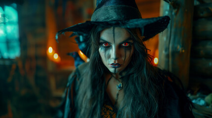 Witch in a hat with intense gaze in a candlelit lair.