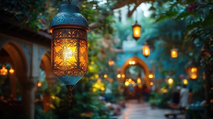 decoration with lanterns hanging on trees in a garden