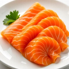 a pile of raw salmon on a white background.