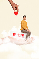 Creative trend collage of hand palm hold sad man sit wait likes influencer social media smm manager...